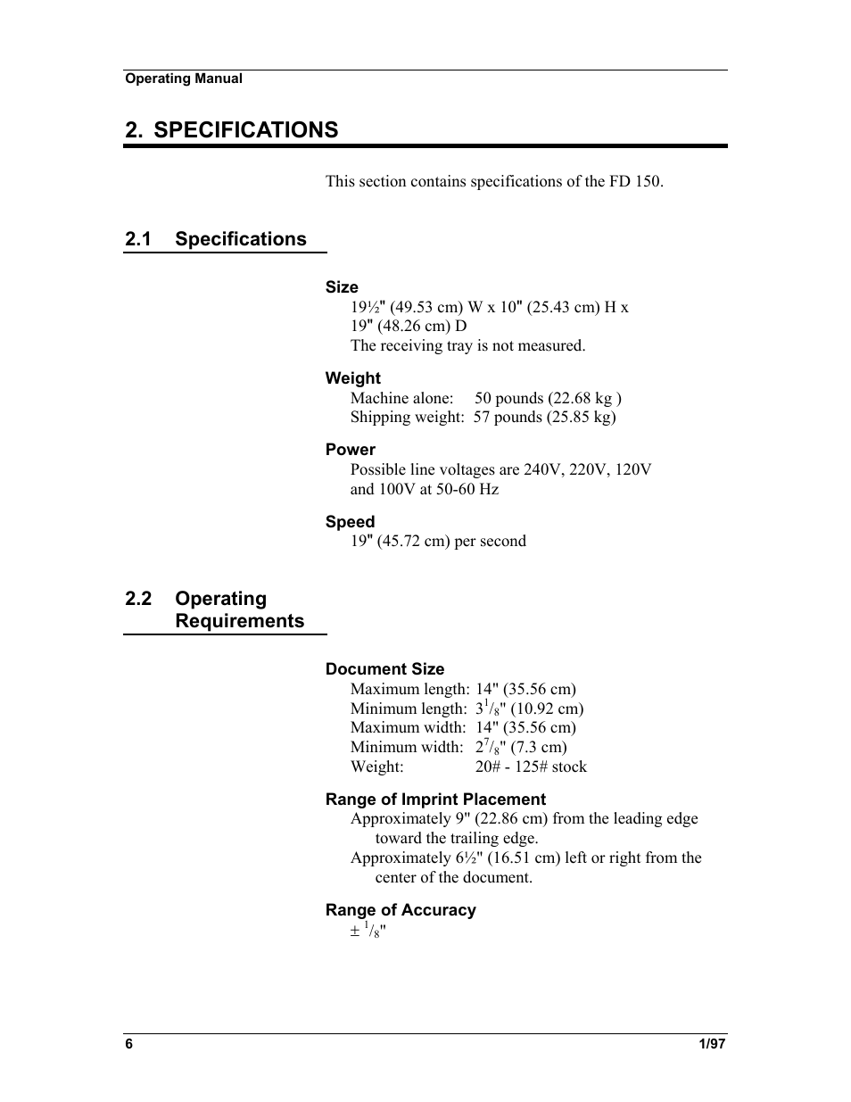 Specifications, 1 specifications, 2 operating requirements | Formax FD 150 User Manual | Page 10 / 48