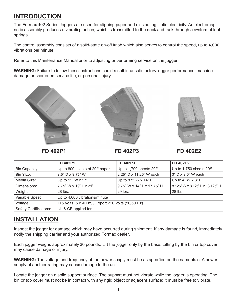 Introduction, Installation | Formax 402 Series User Manual | Page 3 / 4