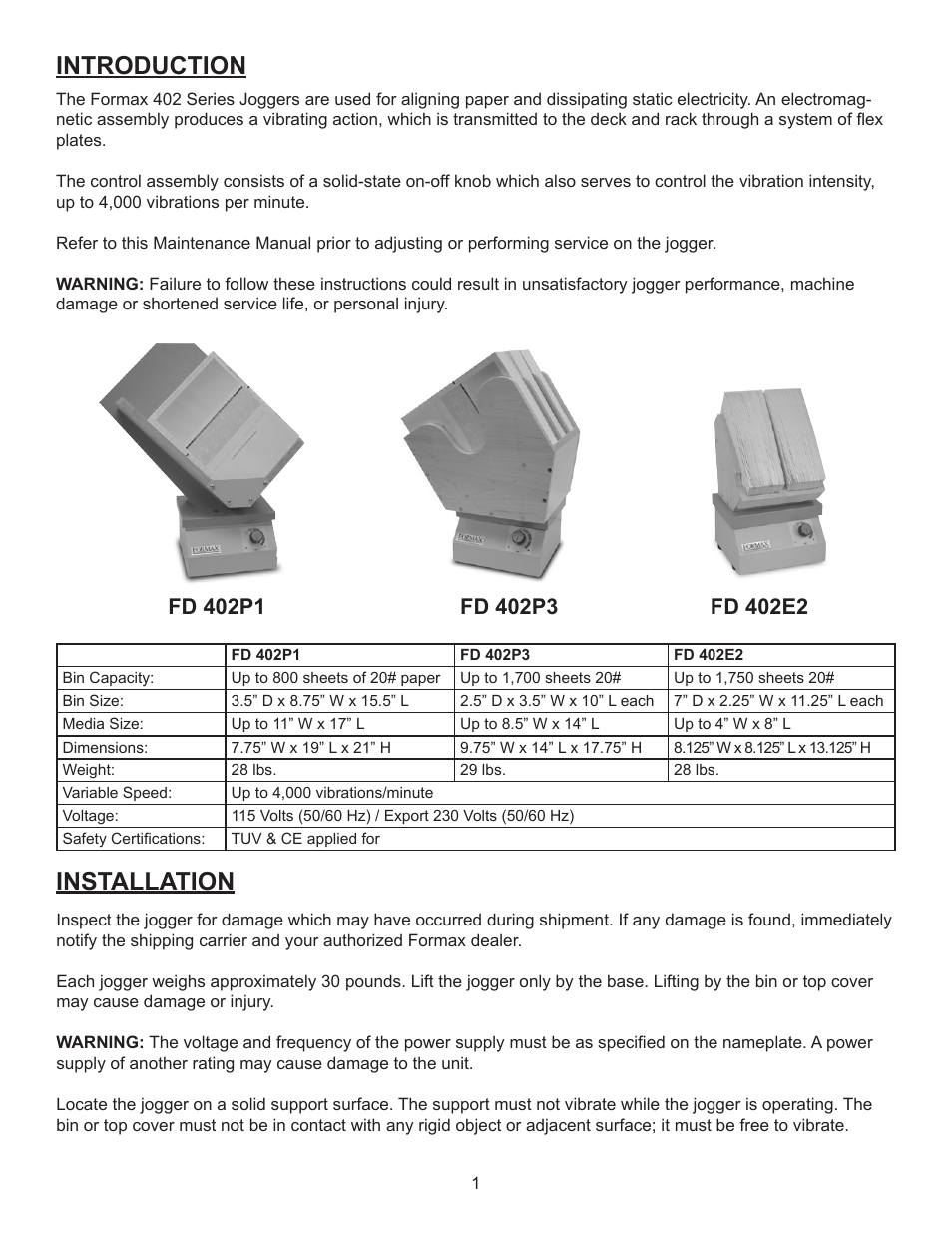 Introduction, Installation | Formax 402 Series, Rev. 2 User Manual | Page 5 / 7