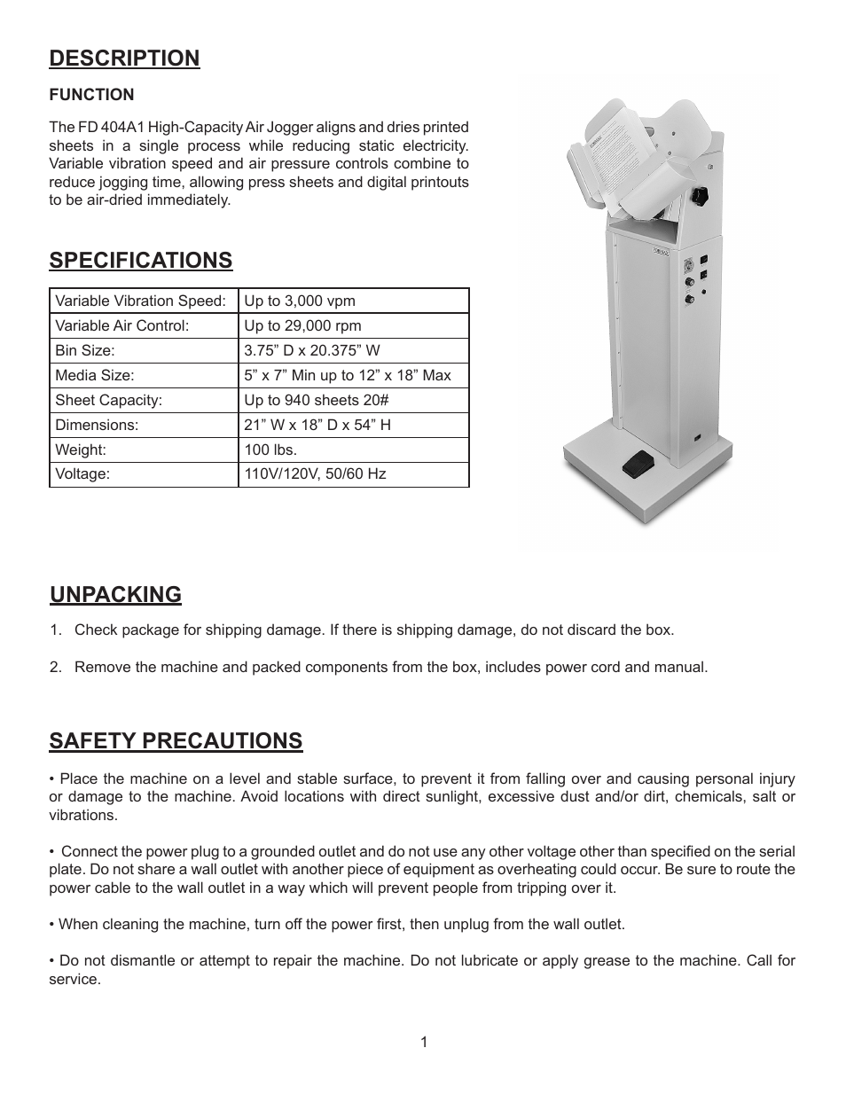 Description, Specifications, Unpacking safety precautions | Formax FD 404A1 Operator / Parts Manual User Manual | Page 5 / 12