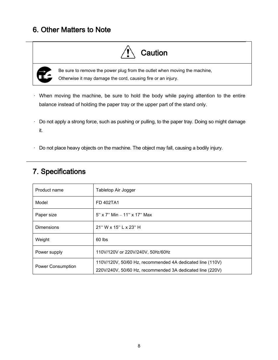 Caution, Specifications | Formax FD 402TA1 User Manual | Page 9 / 9