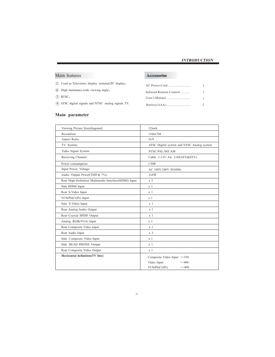 Main features, Main parameter, Introduction | Accessories | Curtis LCD3202A User Manual | Page 6 / 17