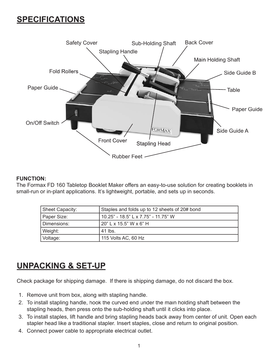 Unpacking & set-up, Specifications | Formax FD 160 User Manual | Page 5 / 13