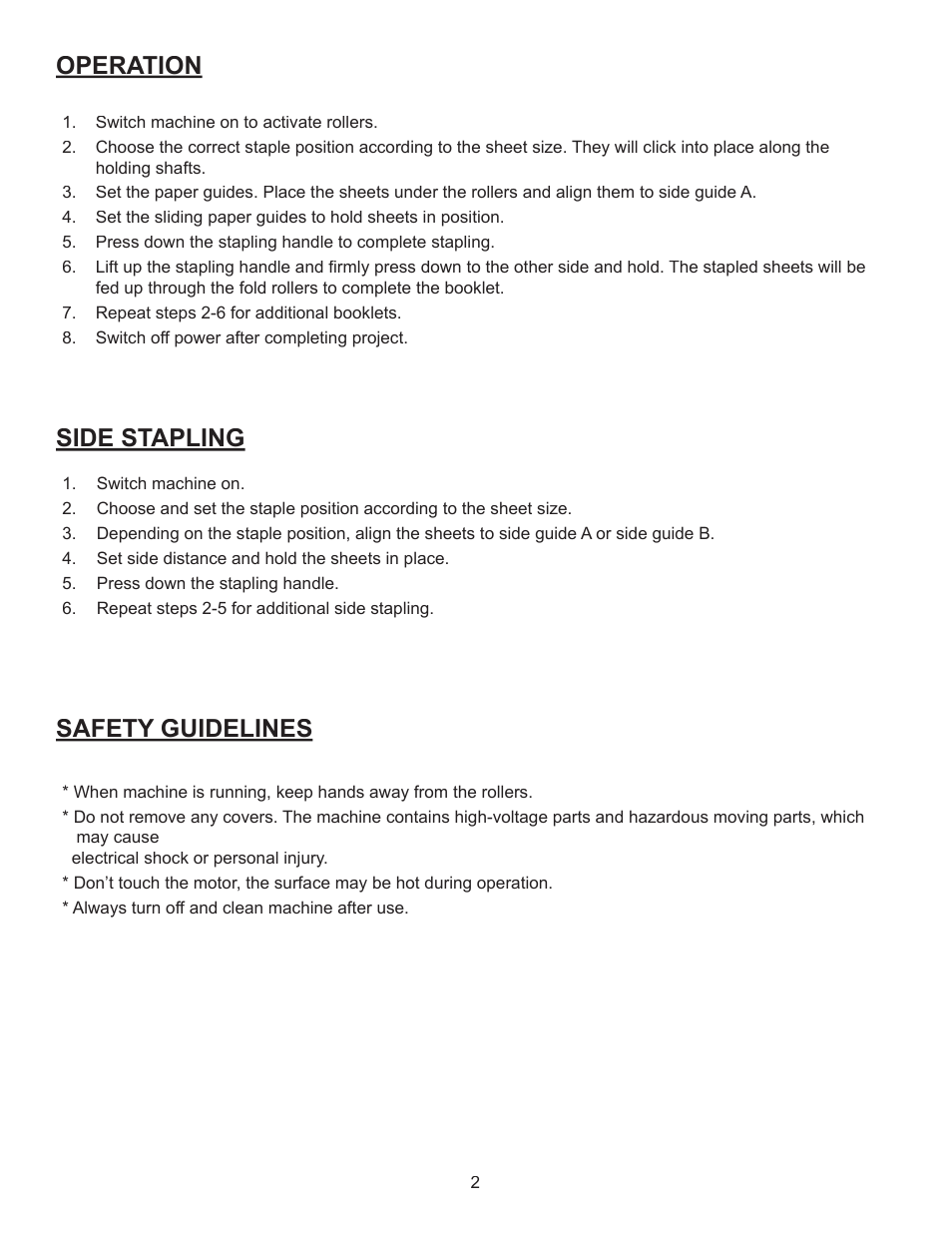 Operation safety guidelines, Side stapling | Formax FD 160 User Manual | Page 6 / 13