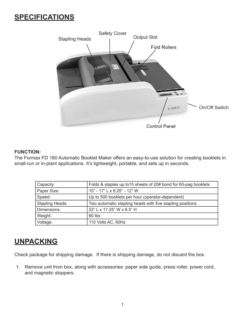 Unpacking, Specifications | Formax FD 180 User Manual | Page 5 / 25