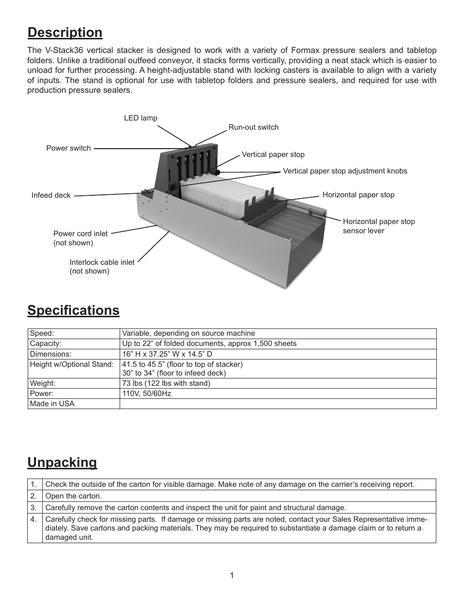 Specifications, Unpacking, Description | Formax V-STACK36 User Manual | Page 3 / 7