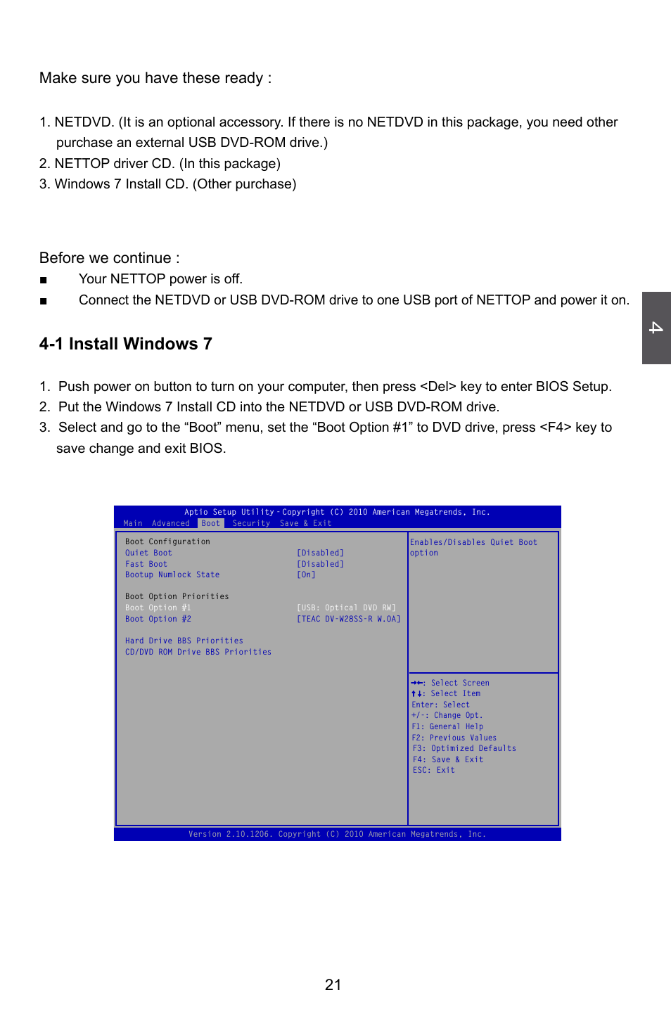 Install windows 7, 1 install windows 7, 21 make sure you have these ready | Before we continue | Foxconn nT-A3550 User Manual | Page 26 / 31