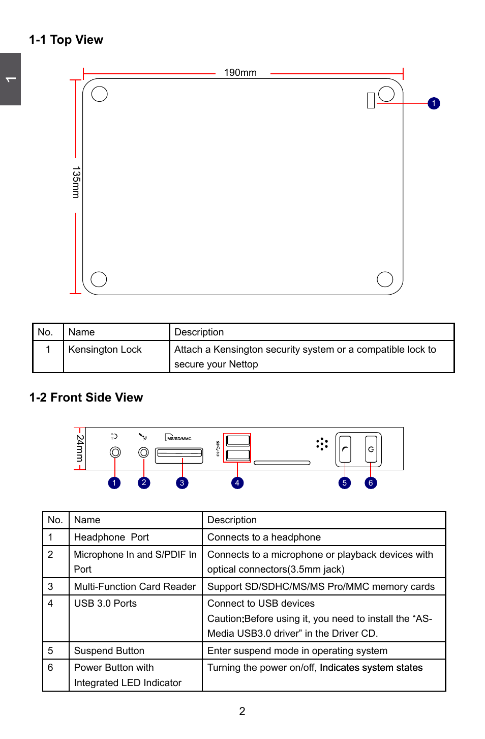 1 top view, 2 front side view | Foxconn nT-A3550 User Manual | Page 7 / 31
