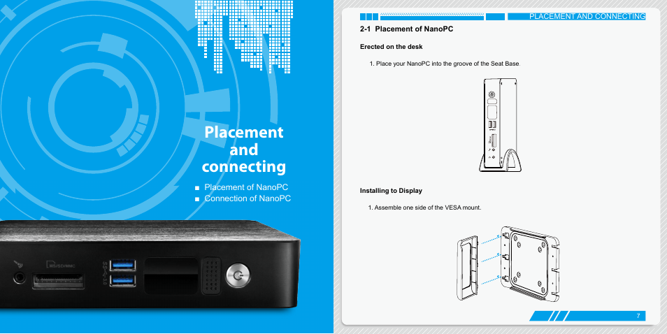 Placement and connecting, 1 placement of nanopc, Erected on the desk | Installing to display, Erected on the desk installing to display | Foxconn AT-5250 User Manual | Page 7 / 22