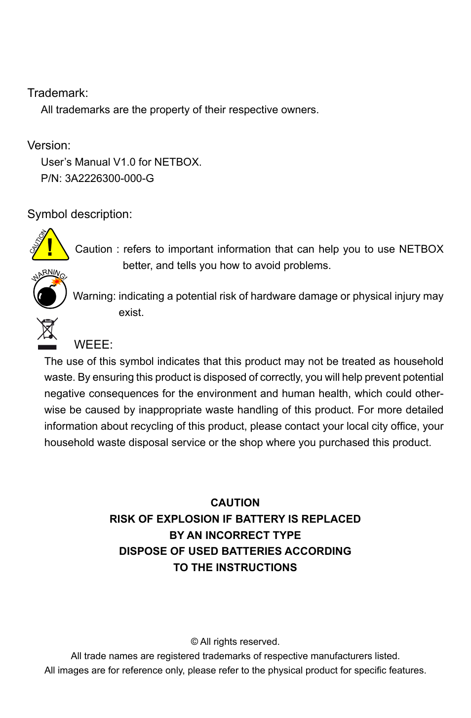 Trademark, Version, Symbol description | Weee | Foxconn nT-425H User Manual | Page 2 / 34