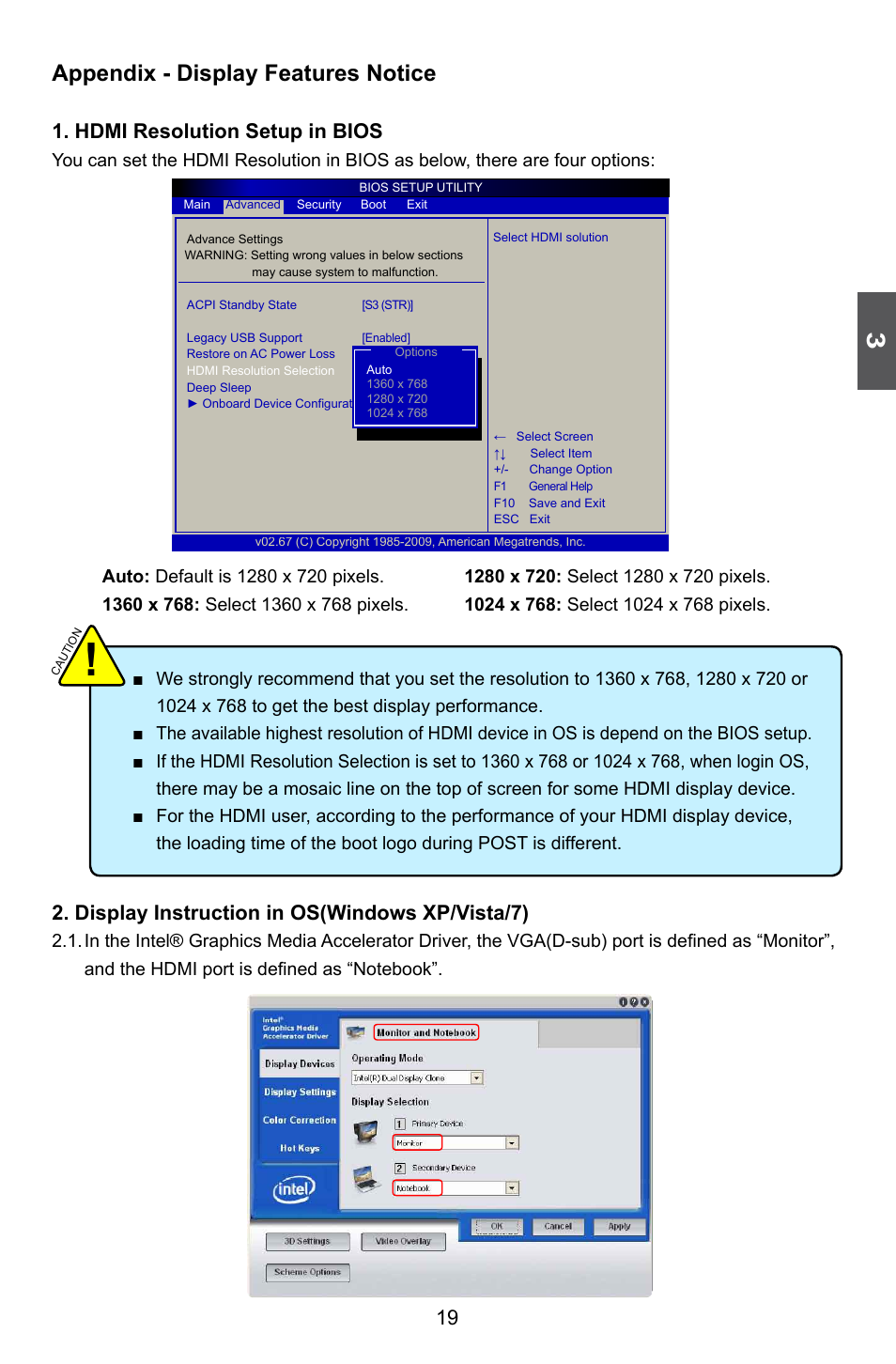 Appendix - display features notice, Hdmi resolution setup in bios, Display instruction in os(windows xp/vista/7) | Foxconn nT-425H User Manual | Page 23 / 34