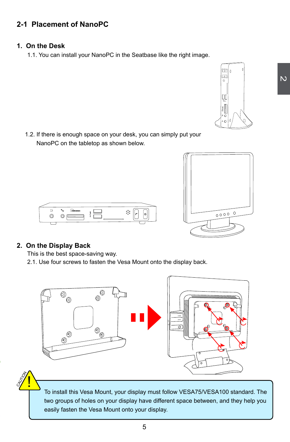1 placement of nettop, On the desk, On the display back | 1 placement of nanopc | Foxconn nT-i2847 User Manual | Page 10 / 36