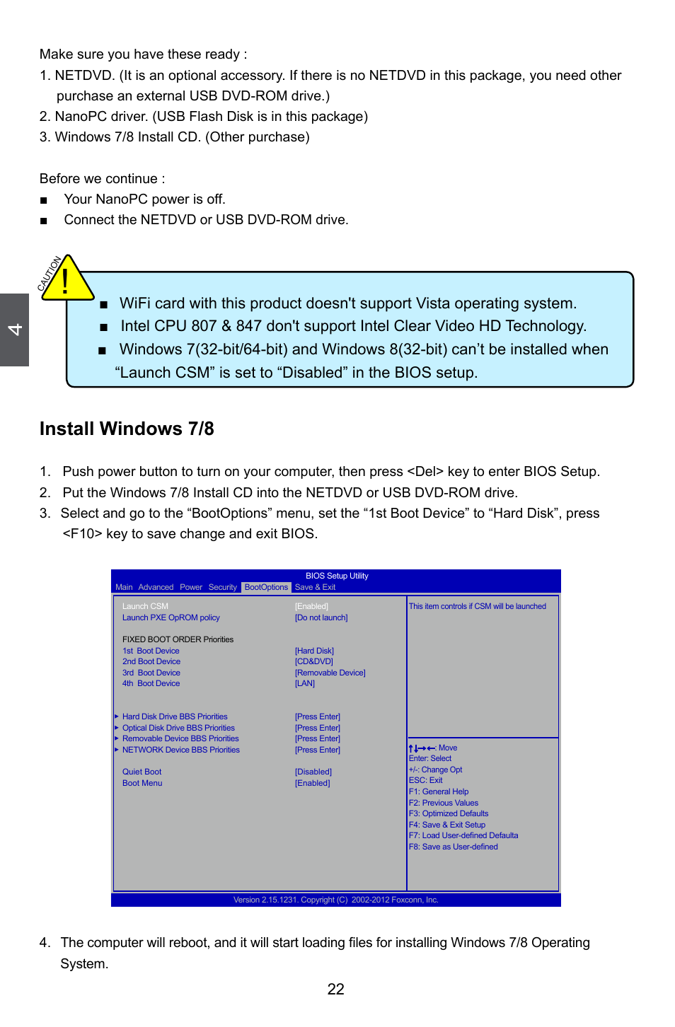 Install windows 7, Install windows 7/8 | Foxconn nT-i2847 User Manual | Page 27 / 36