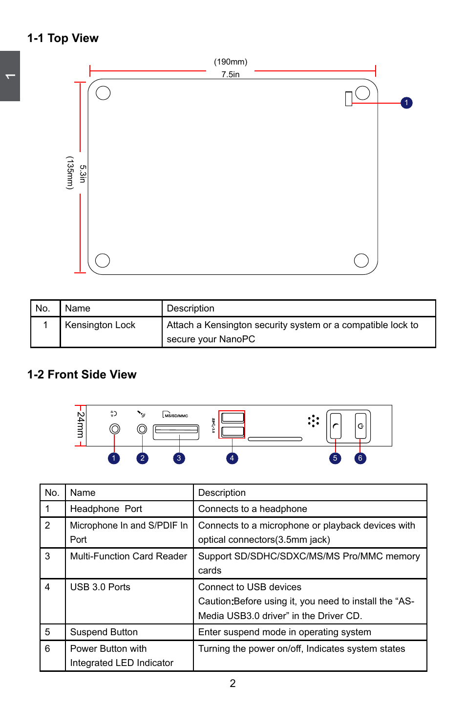 1 top view, 2 front side view, 1 top view 1-2 front side view | Foxconn nT-i2847 User Manual | Page 7 / 36