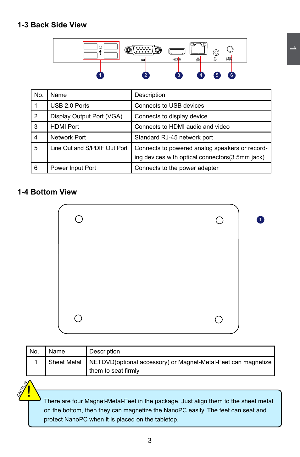 3 back side view, 4 bottom view, 3 back side view 1-4 bottom view | Foxconn nT-i2847 User Manual | Page 8 / 36
