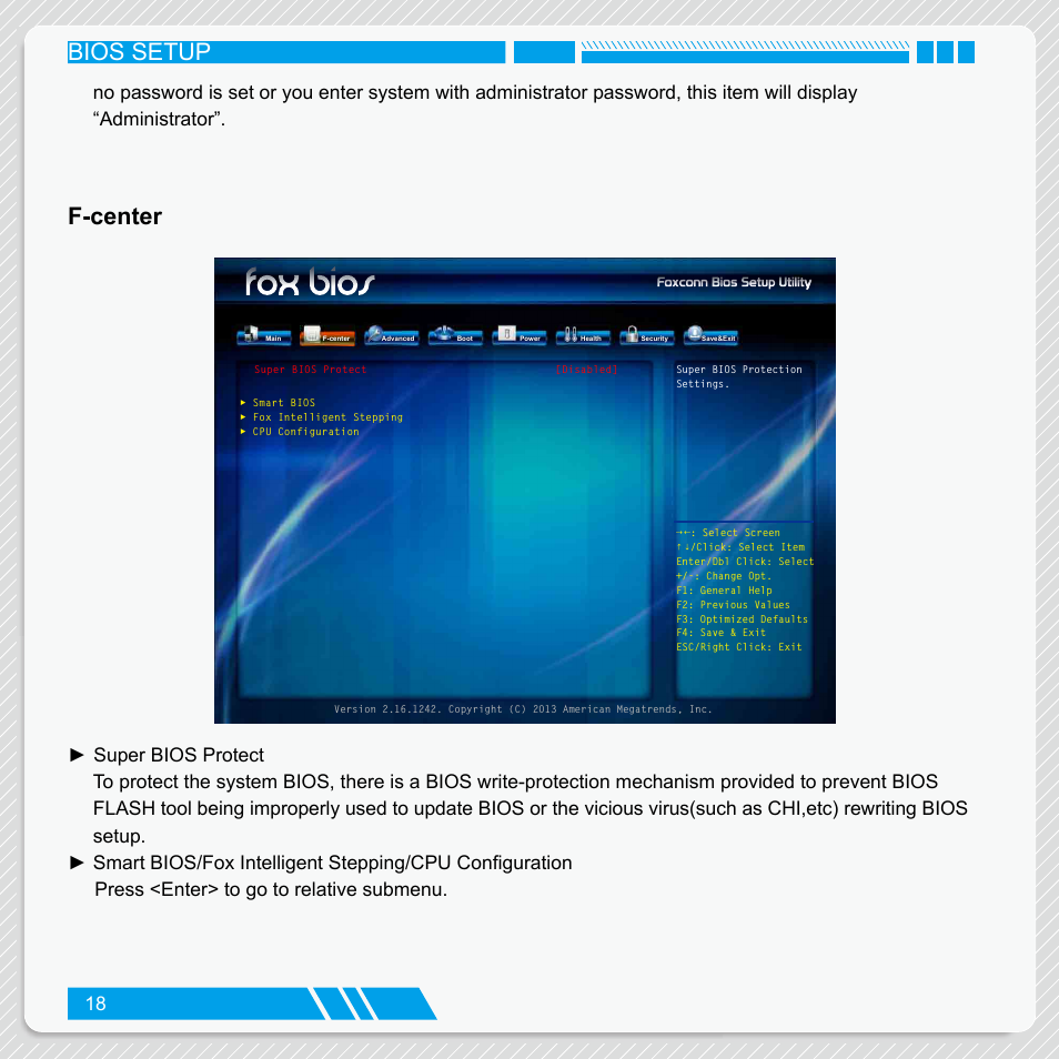 F-center, Bios setup | Foxconn nT-iBT18 User Manual | Page 24 / 55