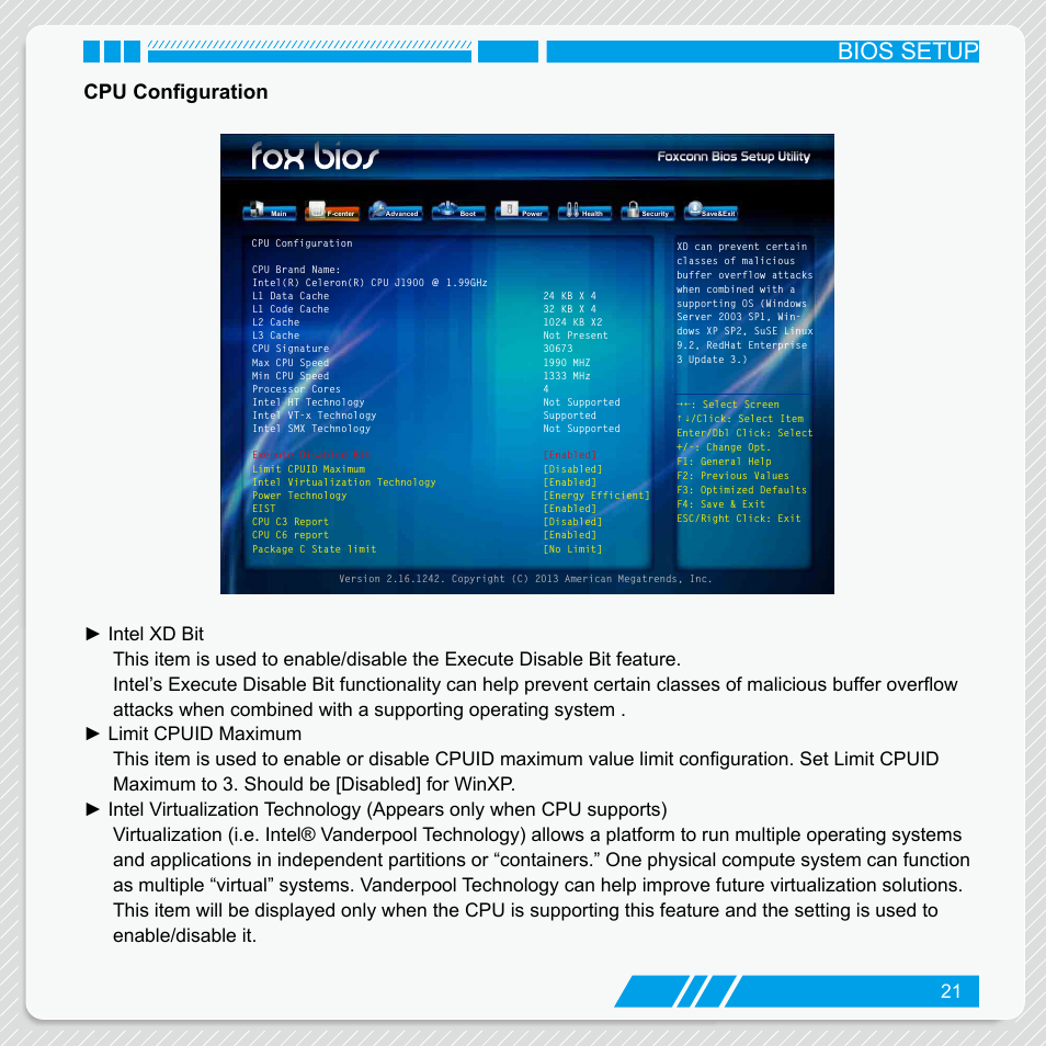 Cpu configuration, Bios setup | Foxconn nT-iBT18 User Manual | Page 27 / 55