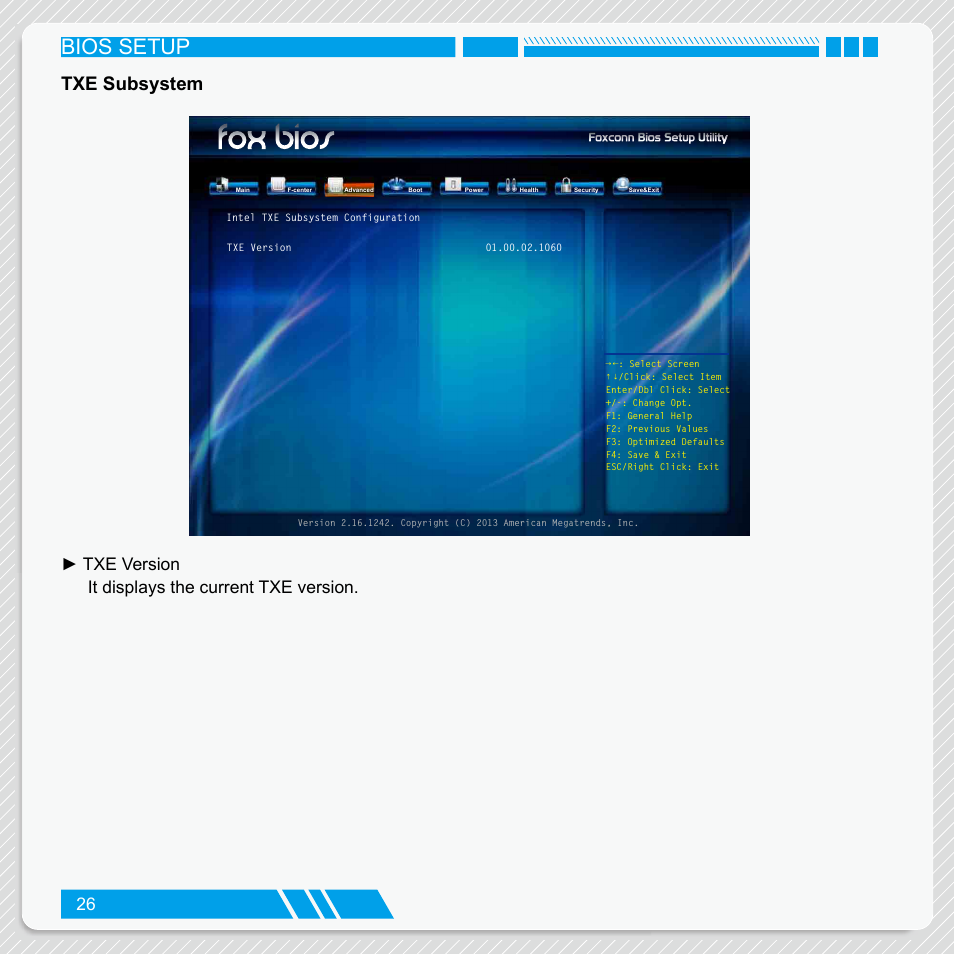 Txe subsystem, Bios setup, Txe version it displays the current txe version | Foxconn nT-iBT18 User Manual | Page 32 / 55