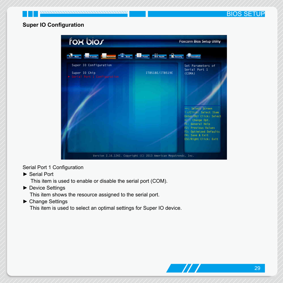 Super io configuration, Bios setup | Foxconn nT-iBT18 User Manual | Page 35 / 55