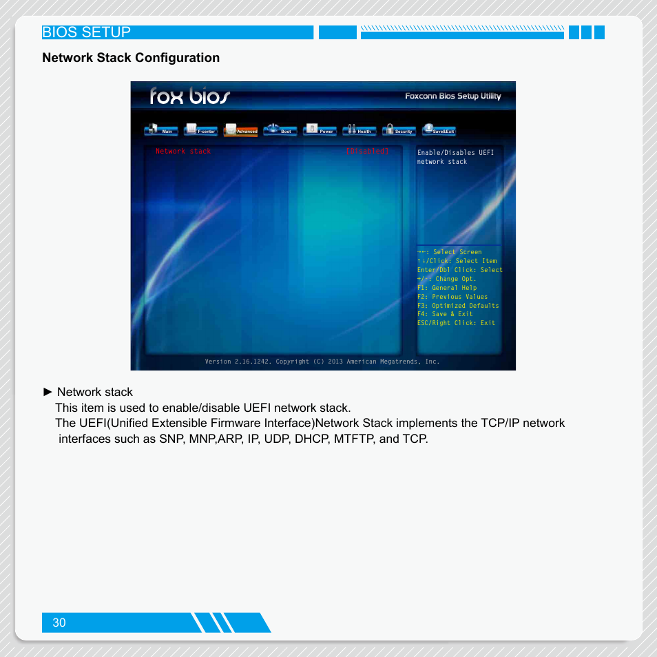 Network stack configuration, Bios setup | Foxconn nT-iBT18 User Manual | Page 36 / 55