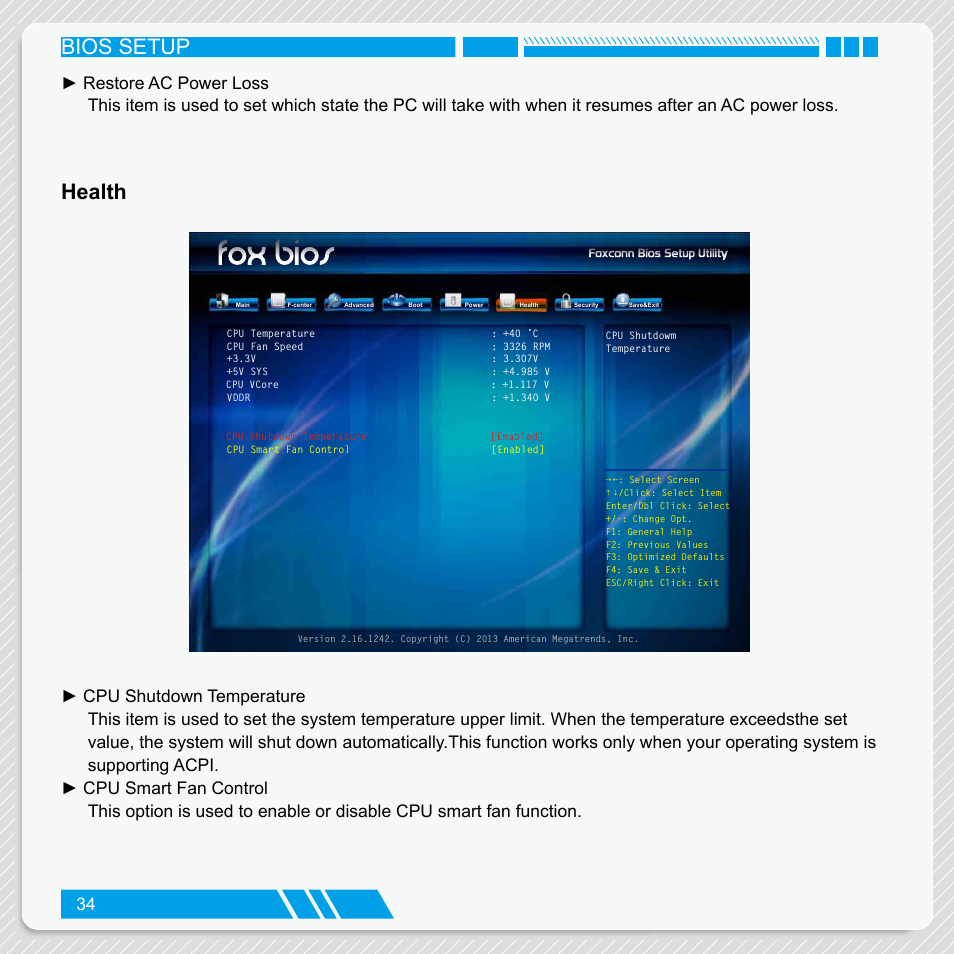 Health, Bios setup | Foxconn nT-iBT18 User Manual | Page 40 / 55