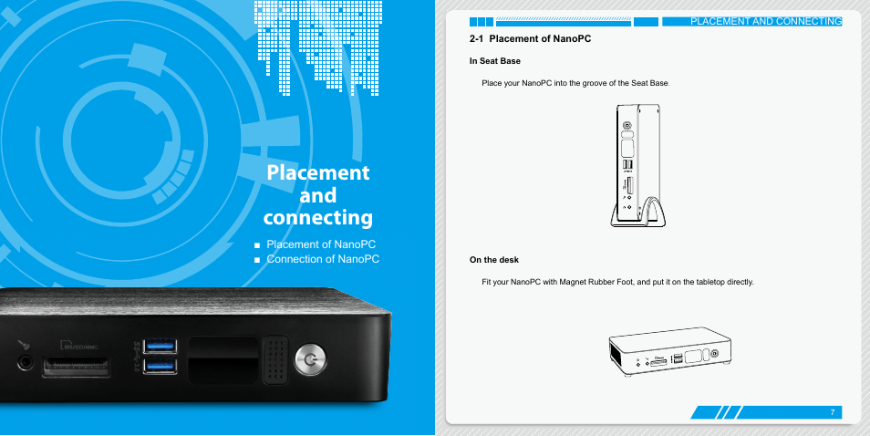 Placement and connecting, 1 placement of nanopc, In seat base | On the desk, In seat base on the desk | Foxconn AT-7300 User Manual | Page 7 / 22