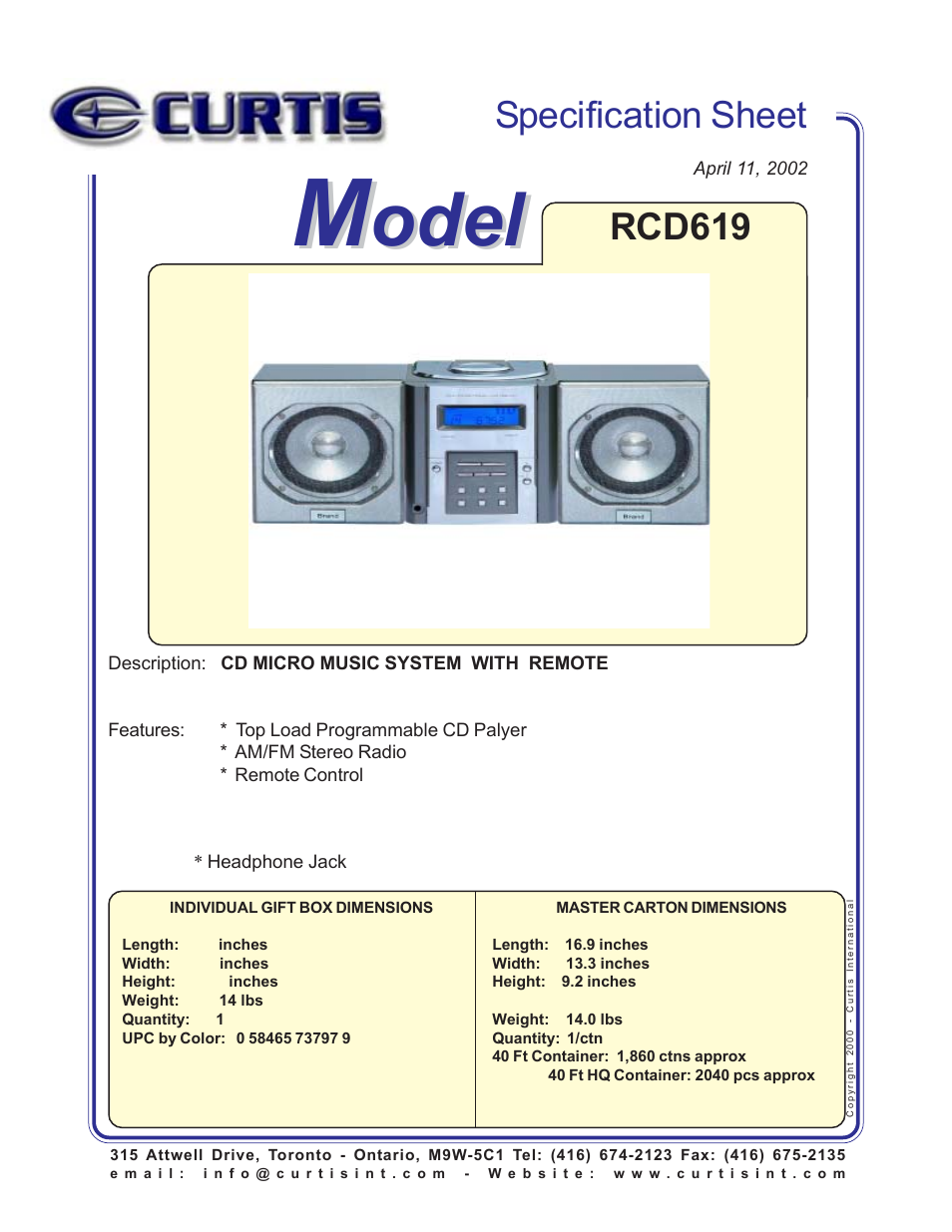 Curtis RCD619 User Manual | 1 page