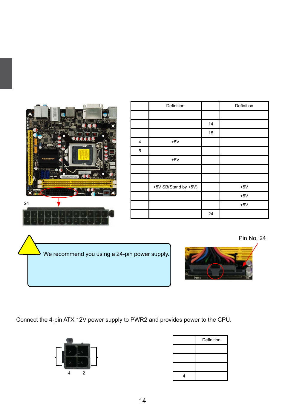 4 install other internal connectors, Power connectors, Pin atx power connector : pwr1 | Pin atx 12 v power connector : pwr2, Pwr1, Pin power pin no. 24, Pwr2 | Foxconn R10-H1 User Manual | Page 21 / 73