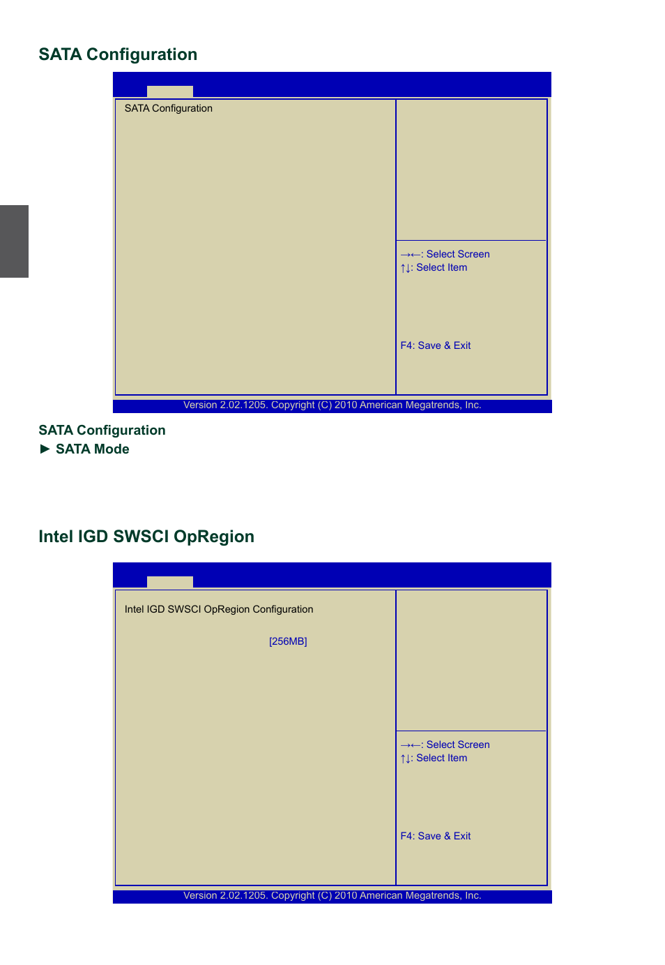 Sata configuration, Intel igd swsci opregion, South bridge chip | Foxconn R10-H1 User Manual | Page 33 / 73