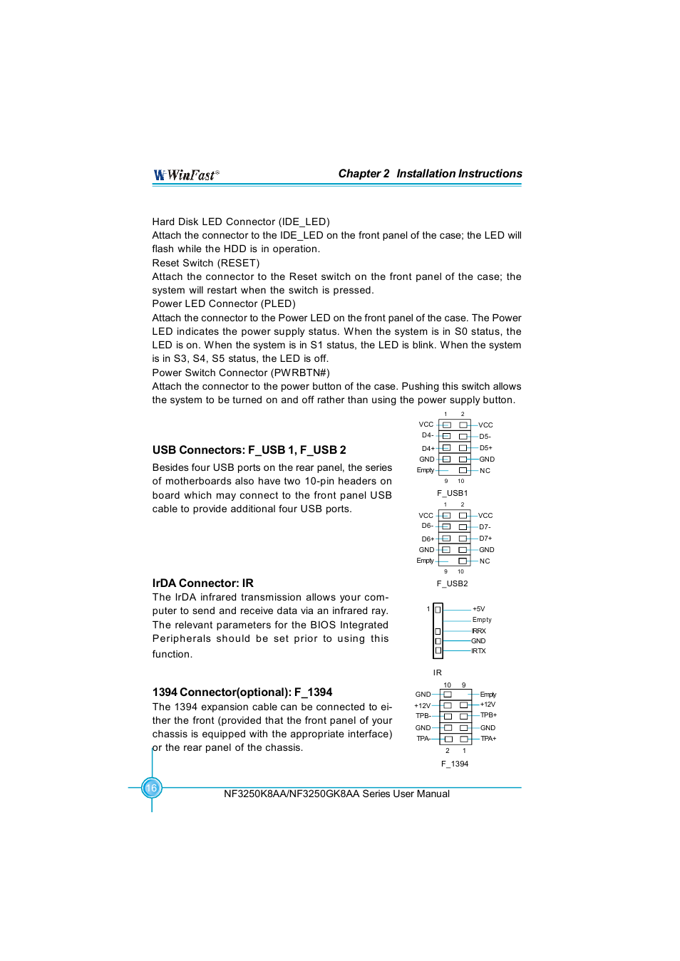 Chapter 2 installation instructions, Usb connectors: f_usb 1, f_usb 2, Irda connector: ir | Foxconn NF3250K8AA-ERS User Manual | Page 23 / 68