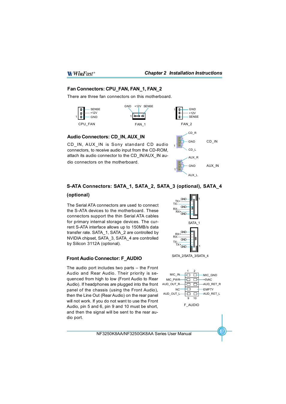 Chapter 2 installation instructions, Fan connectors: cpu_fan, fan_1, fan_2, Audio connectors: cd_in, aux_in | Front audio connector: f_audio, There are three fan connectors on this motherboard | Foxconn NF3250K8AA-ERS User Manual | Page 24 / 68