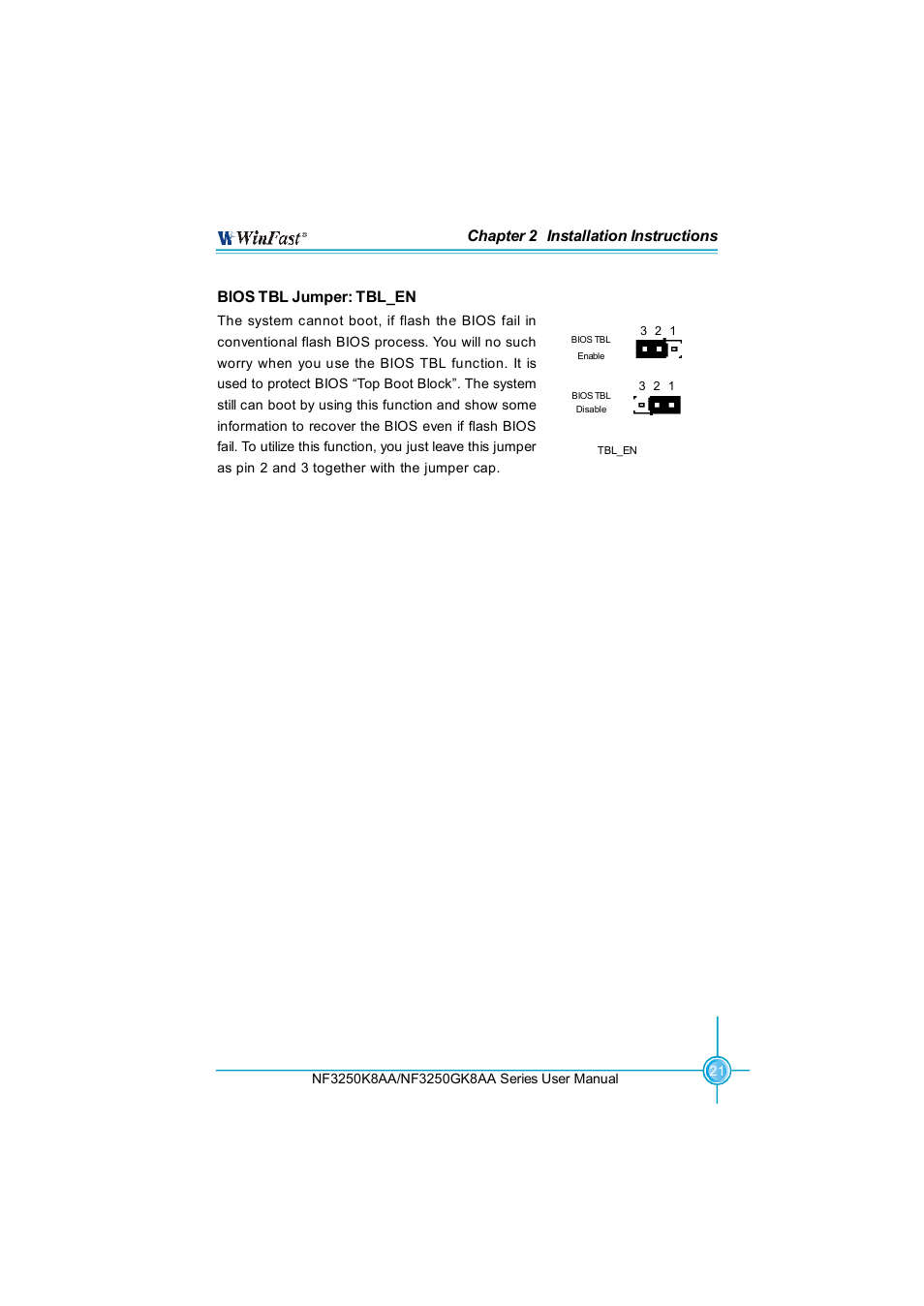 Chapter 2 installation instructions, Bios tbl jumper: tbl_en | Foxconn NF3250K8AA-ERS User Manual | Page 28 / 68