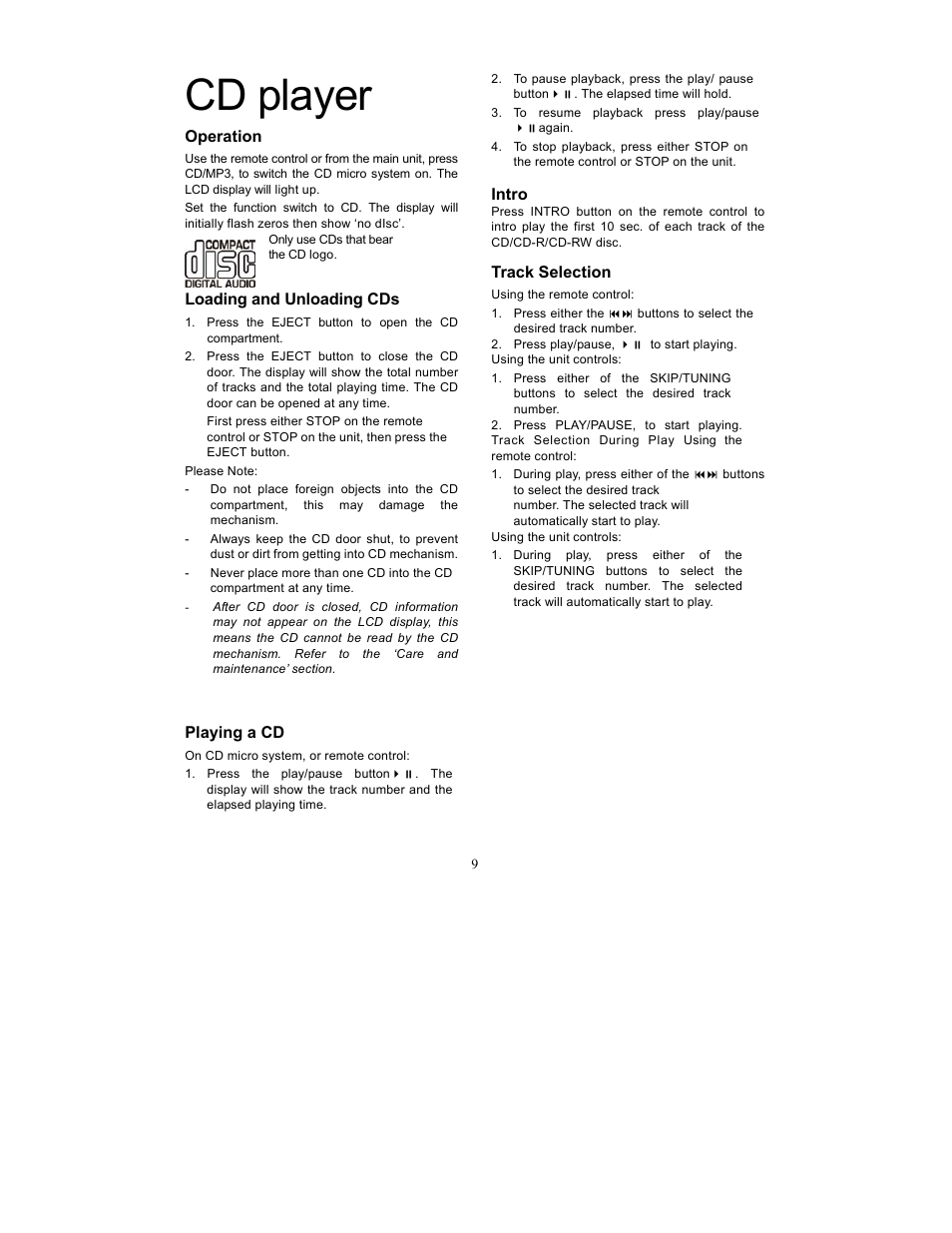 Cd player | Curtis SRCD-719 User Manual | Page 10 / 14