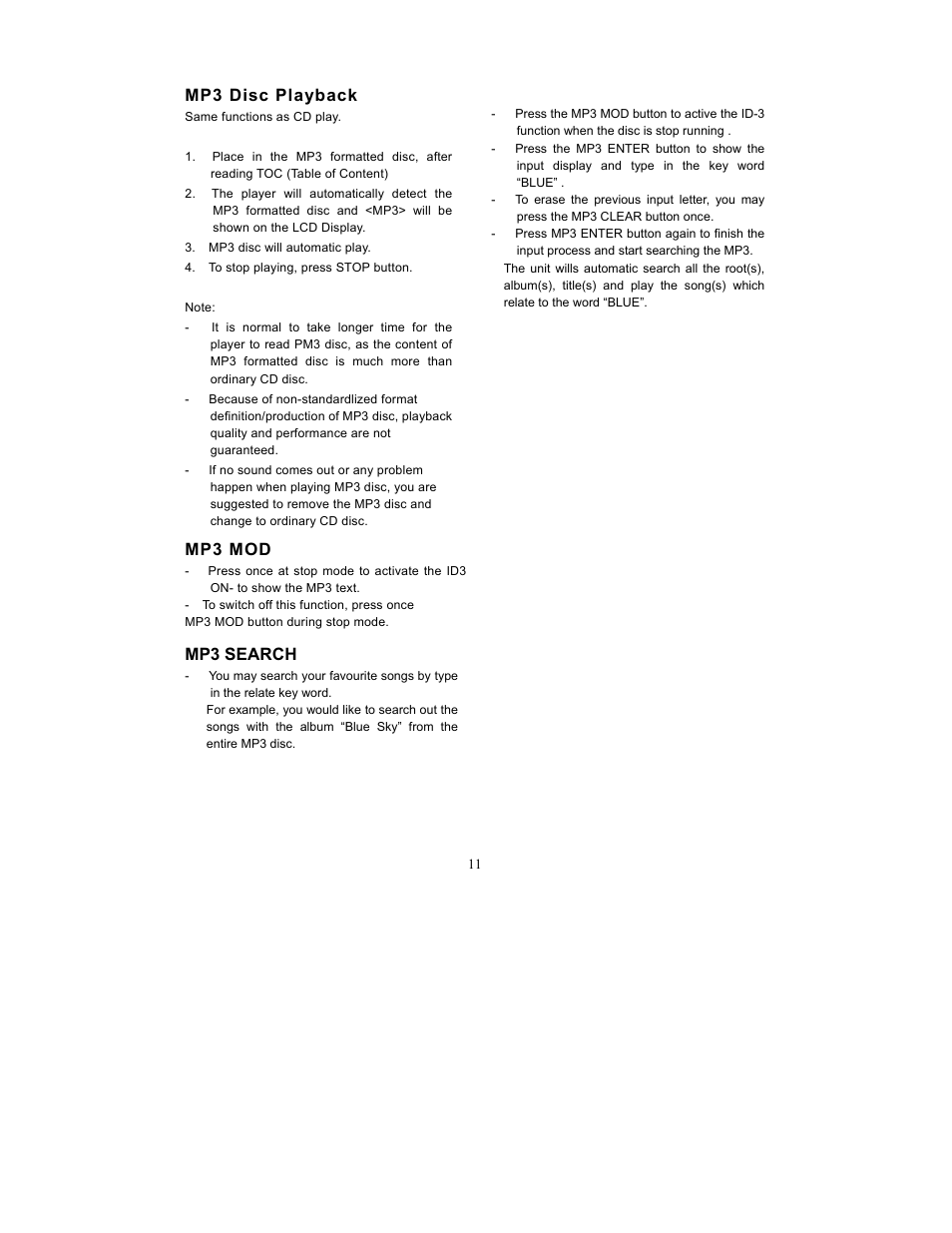 Mp3 disc playback, Mp3 mod, Mp3 search | Curtis SRCD-719 User Manual | Page 12 / 14