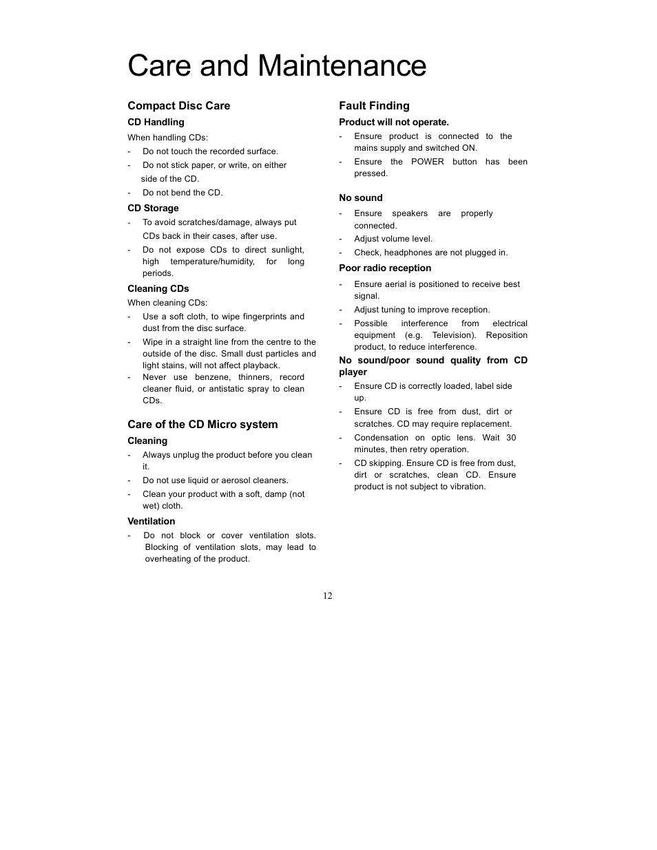 Care and maintenance | Curtis SRCD-719 User Manual | Page 13 / 14