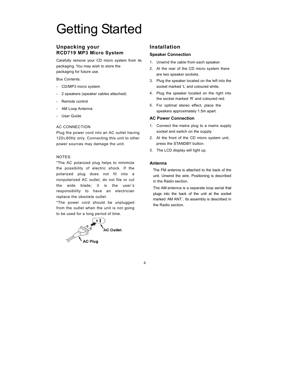 Getting started, Unpacking your, Installation | Curtis SRCD-719 User Manual | Page 5 / 14