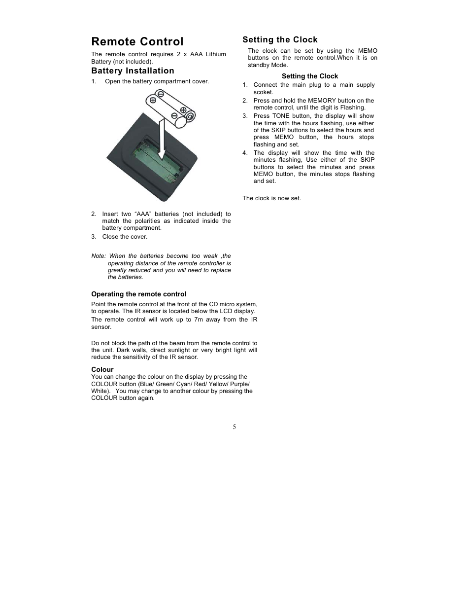 Remote control, Battery installation, Setting the clock | Curtis SRCD-719 User Manual | Page 6 / 14