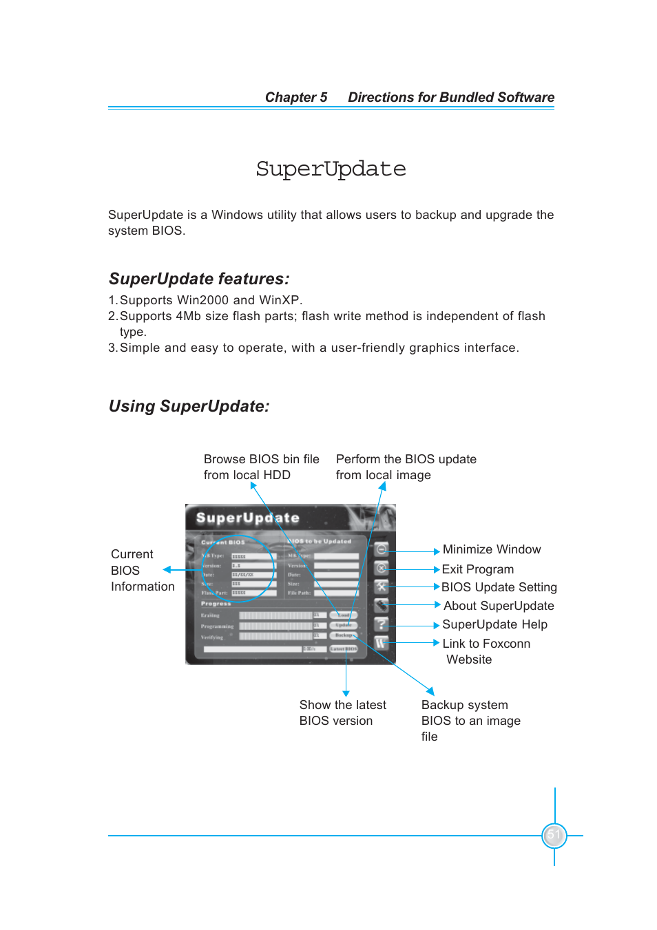 Superupdate, Superupdate features, Using superupdate | Foxconn 760GXK8MC User Manual | Page 57 / 75