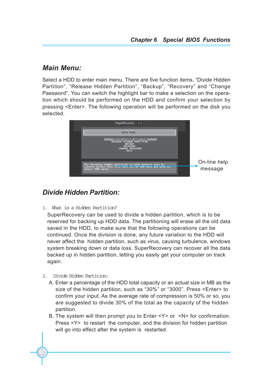 Main menu, Divide hidden partition | Foxconn 760GXK8MC User Manual | Page 68 / 75