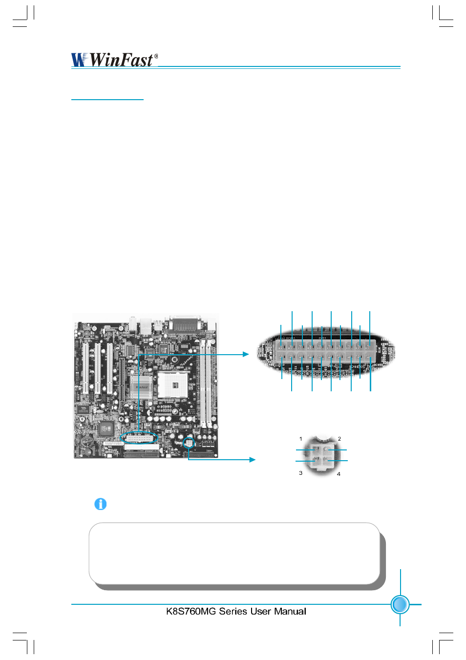 Chapter 2 installation instructions power supply, Atx 12v power connector: pwr2, Atx power connector: pwr1 | Attention | Foxconn K8S760MG-6ELRS User Manual | Page 22 / 108