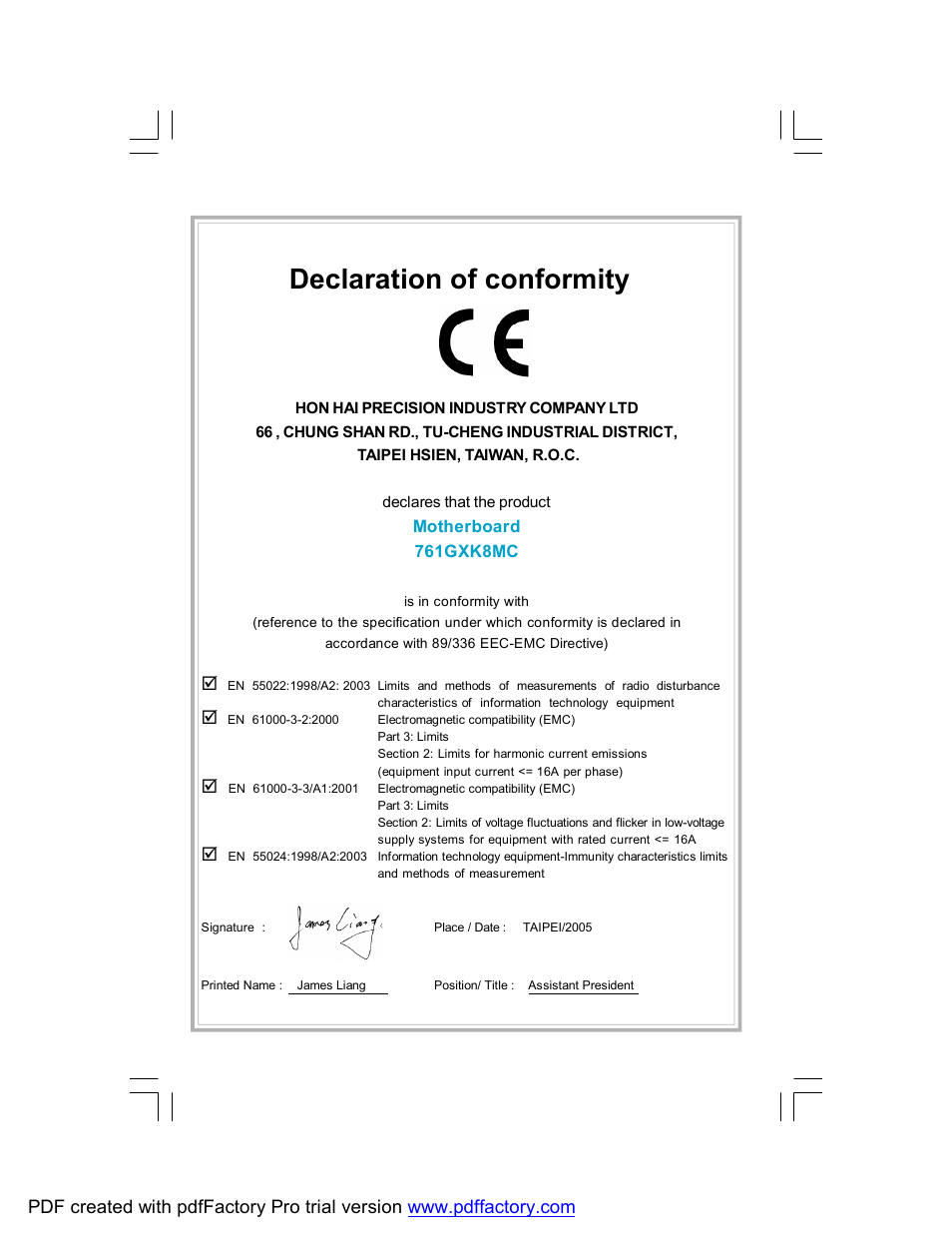Declaration of conformity | Foxconn 761GXK8MC-RS User Manual | Page 2 / 85