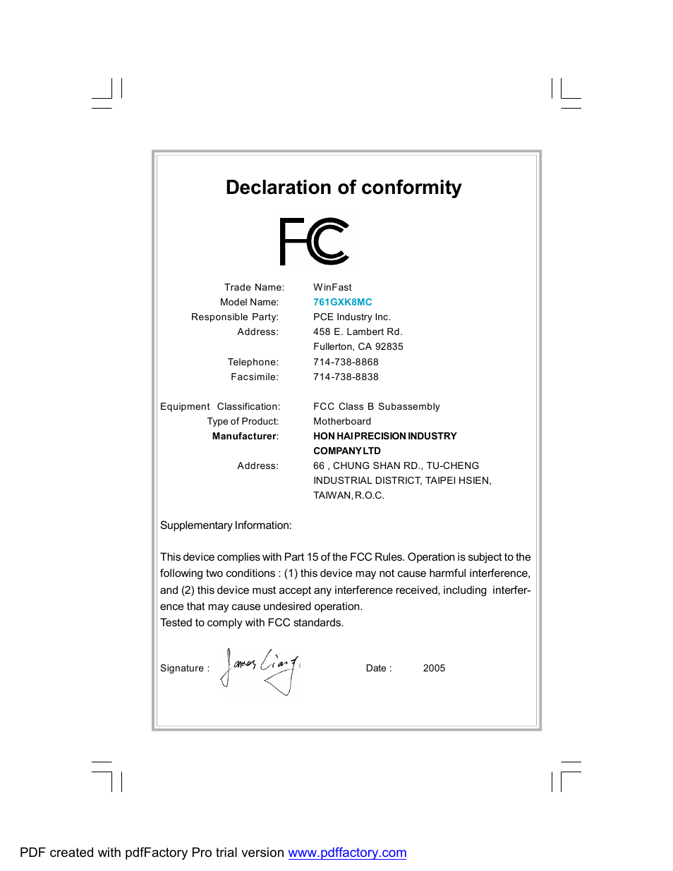 Declaration of conformity | Foxconn 761GXK8MC-RS User Manual | Page 3 / 85