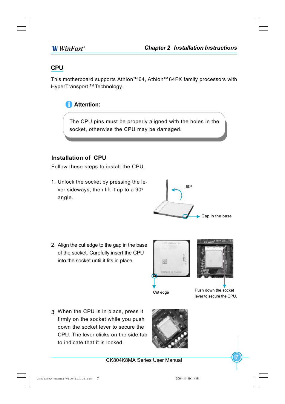 Chapter 2 installation instructions, Installation of cpu, Attention | Foxconn CK804K8MA-KS User Manual | Page 15 / 55