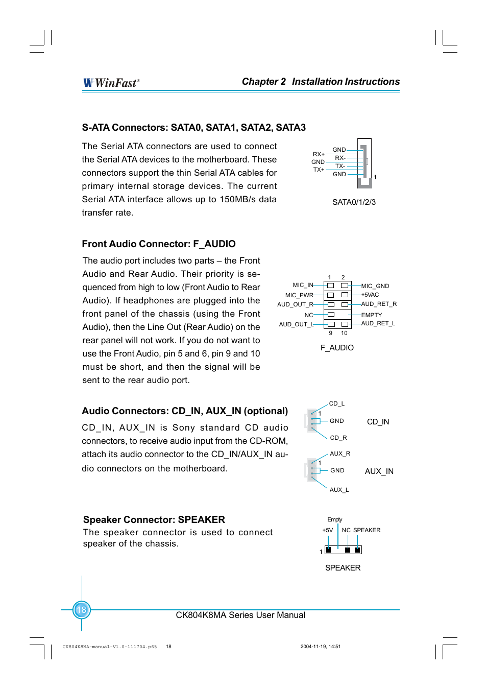Chapter 2 installation instructions, S-ata connectors: sata0, sata1, sata2, sata3, Front audio connector: f_audio | Audio connectors: cd_in, aux_in (optional), Speaker connector: speaker | Foxconn CK804K8MA-KS User Manual | Page 26 / 55