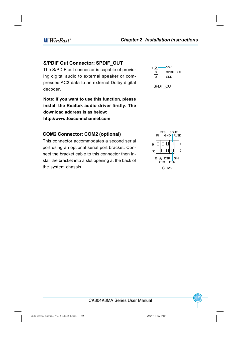Chapter 2 installation instructions, S/pdif out connector: spdif_out, Com2 connector: com2 (optional) | Ck804k8ma series user manual | Foxconn CK804K8MA-KS User Manual | Page 27 / 55