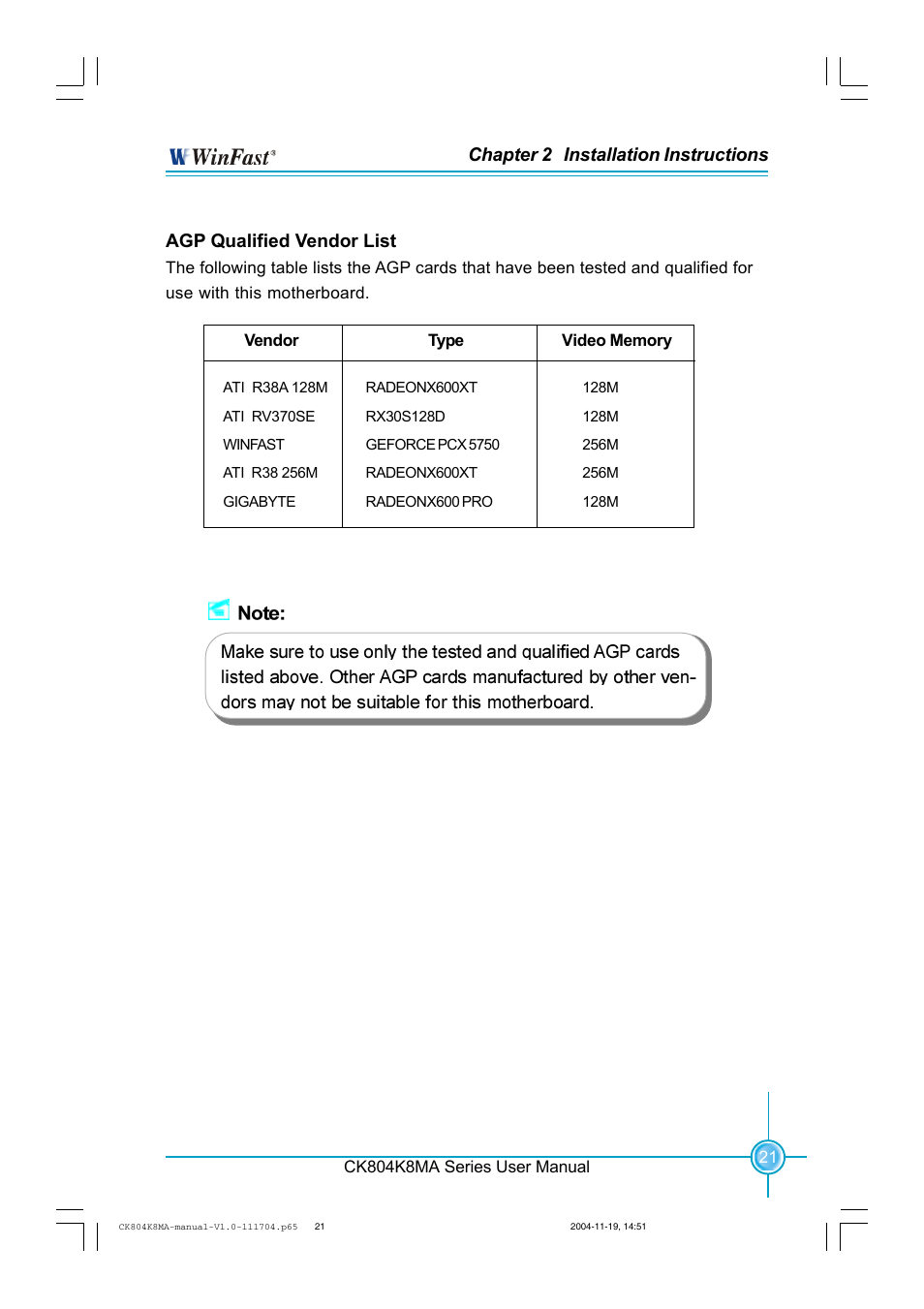 Chapter 2 installation instructions, Agp qualified vendor list | Foxconn CK804K8MA-KS User Manual | Page 29 / 55