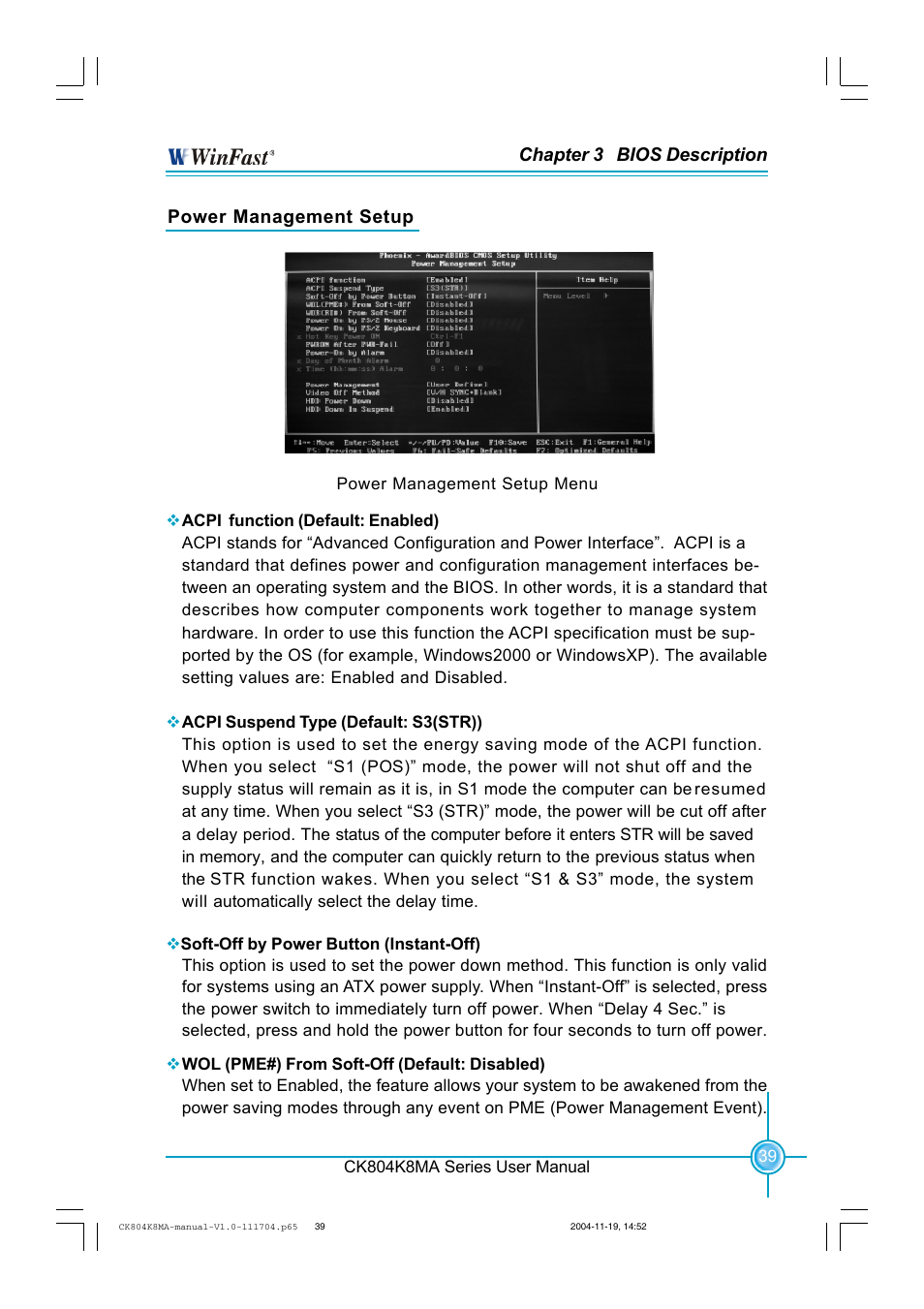 Chapter 3 bios description, Power management setup | Foxconn CK804K8MA-KS User Manual | Page 47 / 55