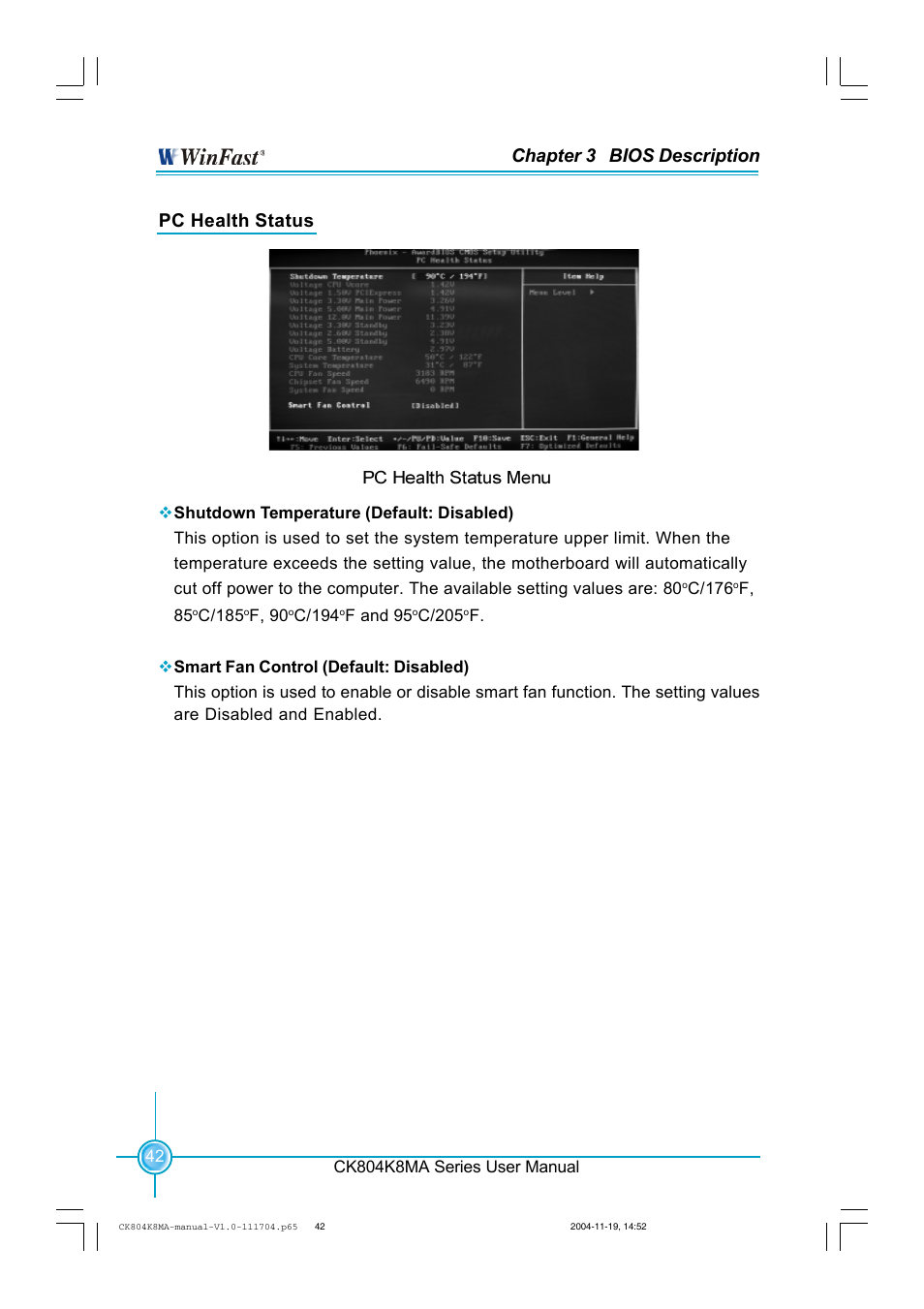 Chapter 3 bios description, Pc health status | Foxconn CK804K8MA-KS User Manual | Page 50 / 55