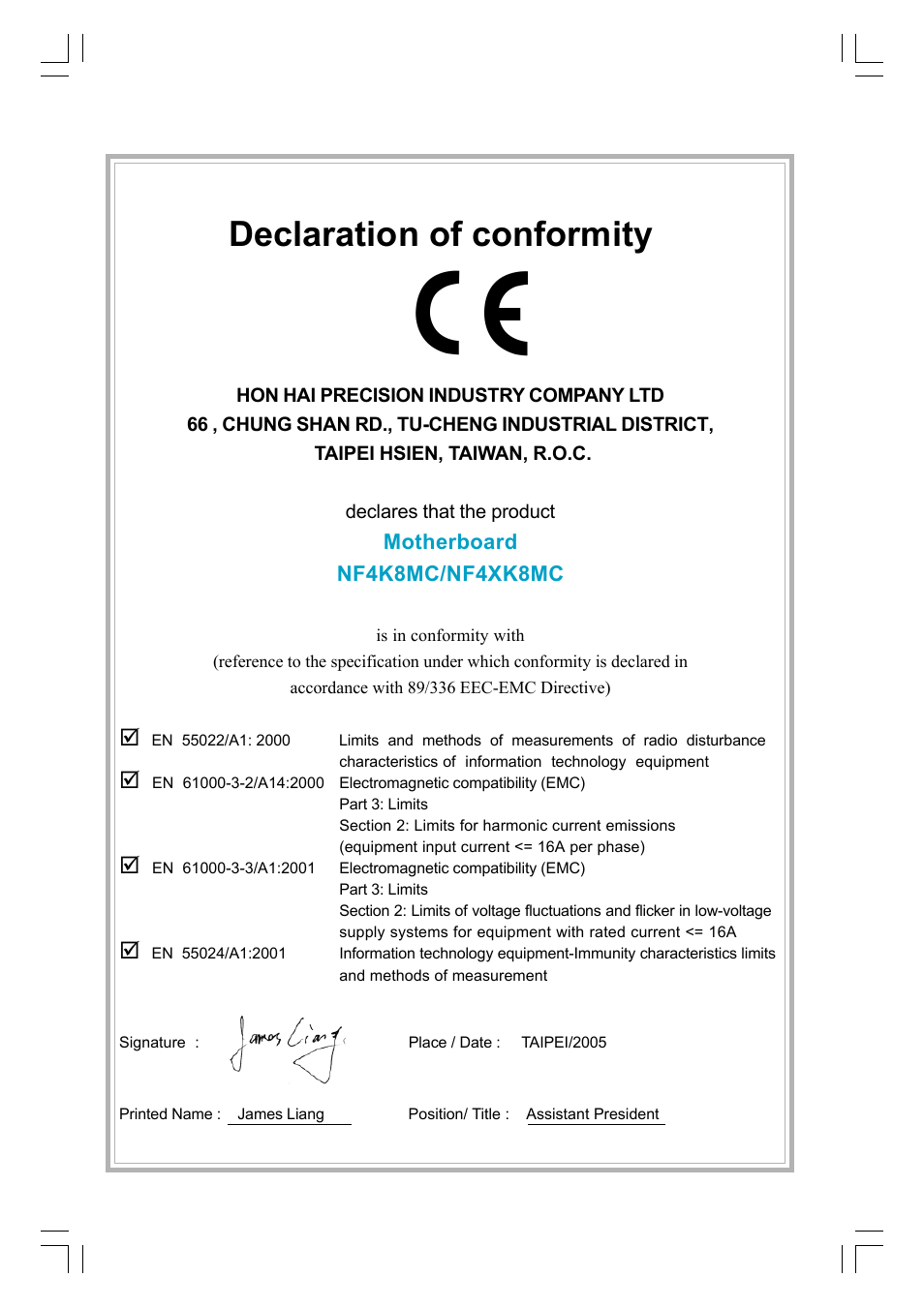 Declaration of conformity, Motherboard nf4k8mc/nf4xk8mc | Foxconn NF4K8AC-RS User Manual | Page 2 / 68