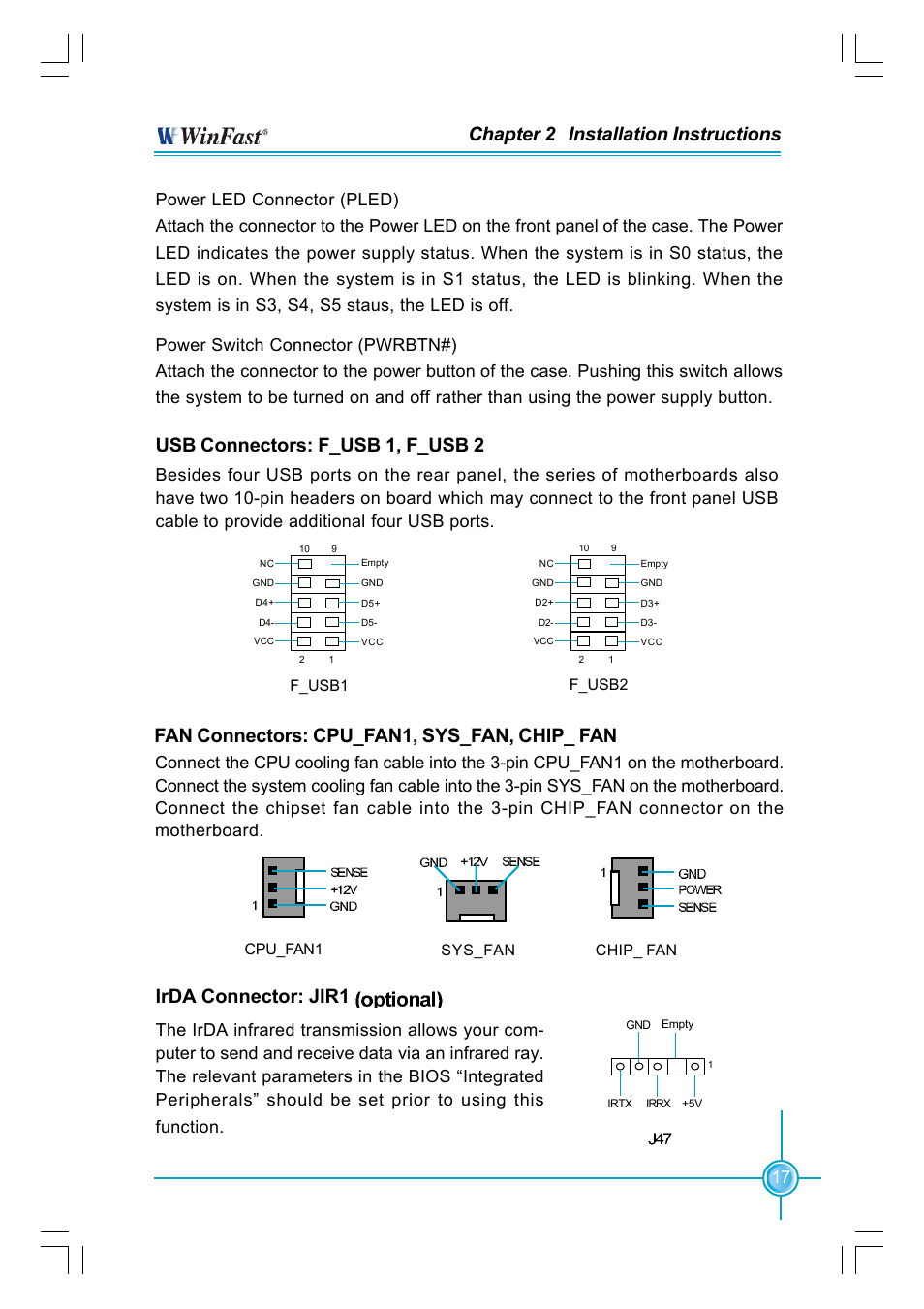 Chapter 2 installation instructions, Usb connectors: f_usb 1, f_usb 2, Irda connector: jir1 | Fan connectors: cpu_fan1, sys_fan, chip_ fan | Foxconn NF4K8AC-RS User Manual | Page 24 / 68